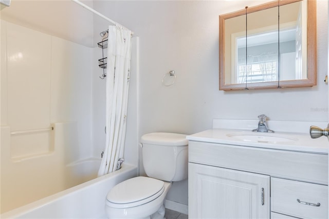 full bathroom featuring shower / bath combination with curtain, toilet, and vanity