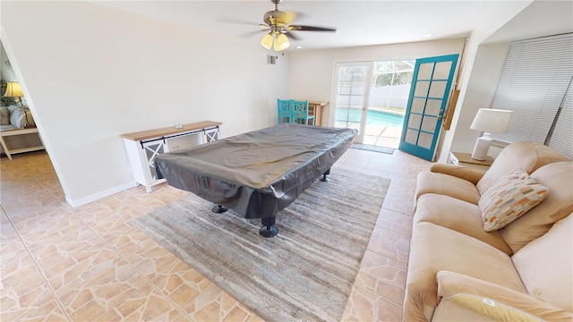 rec room featuring ceiling fan, pool table, and light tile flooring