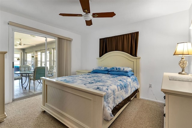 bedroom featuring light colored carpet, access to exterior, and ceiling fan