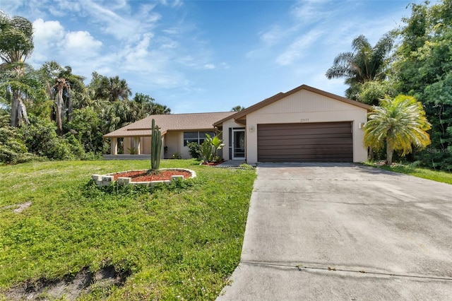 ranch-style house with a front yard and a garage