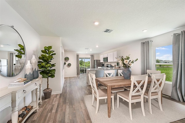 dining room featuring hardwood / wood-style flooring and a textured ceiling