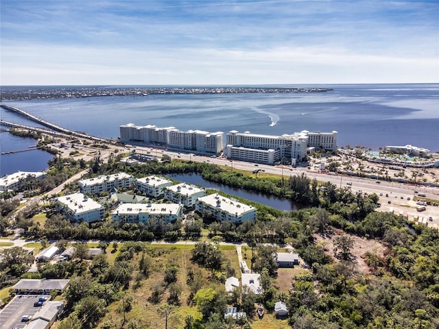 bird's eye view with a water view