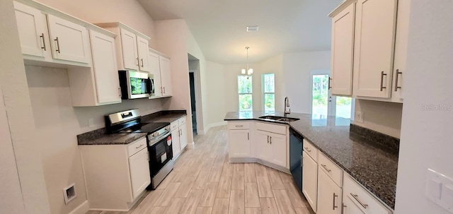 kitchen featuring white cabinets, stainless steel appliances, sink, and kitchen peninsula