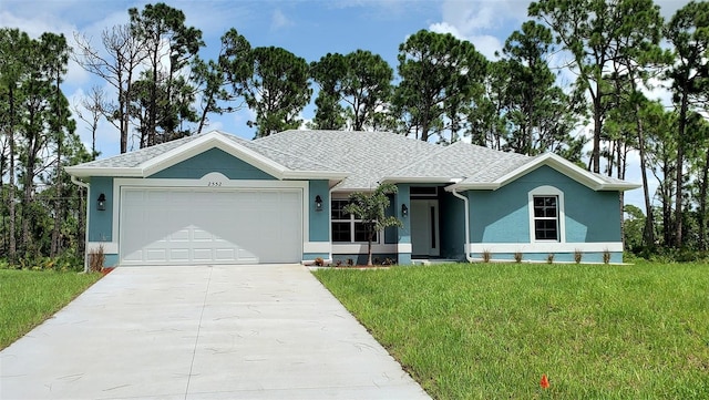 single story home with a front lawn and a garage