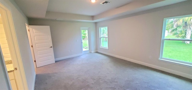 unfurnished bedroom featuring carpet floors, a tray ceiling, and multiple windows