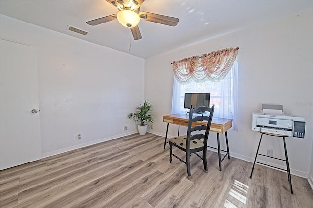 office area featuring ceiling fan and wood-type flooring