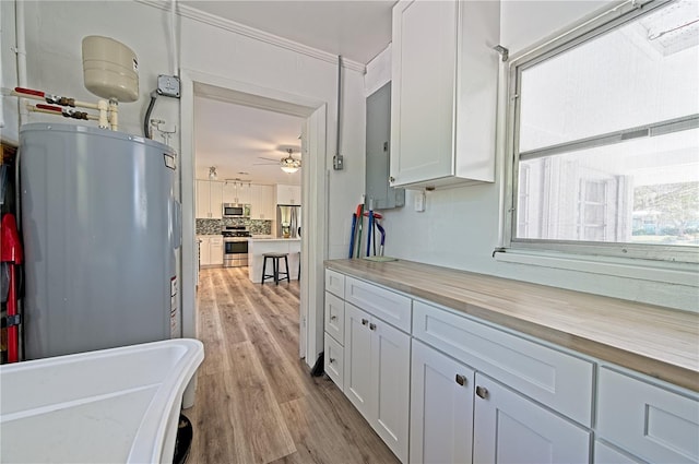 kitchen with ceiling fan, ornamental molding, white cabinets, light hardwood / wood-style floors, and stainless steel appliances