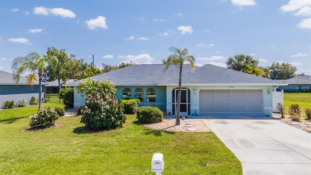 ranch-style home featuring a front lawn and a garage