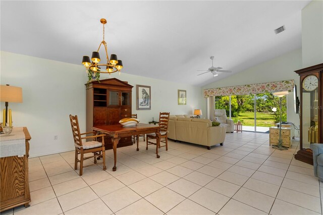 dining room featuring vaulted ceiling, light tile floors, and ceiling fan with notable chandelier