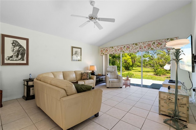 tiled living room with ceiling fan and vaulted ceiling