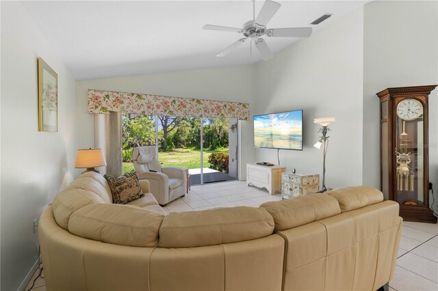 living room with high vaulted ceiling, light tile flooring, and ceiling fan