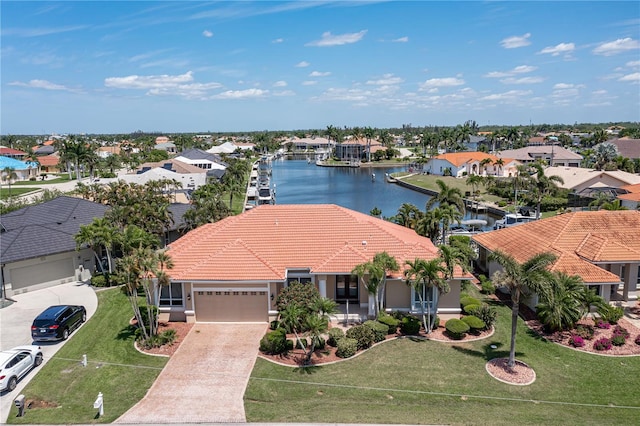 bird's eye view with a water view