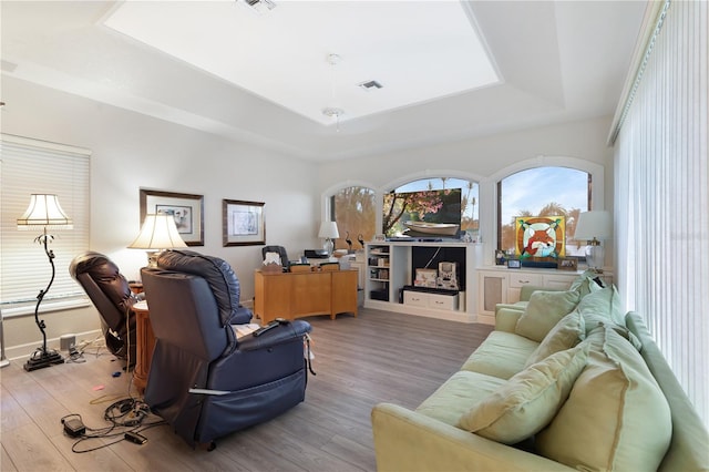 living room featuring a raised ceiling and light wood-type flooring