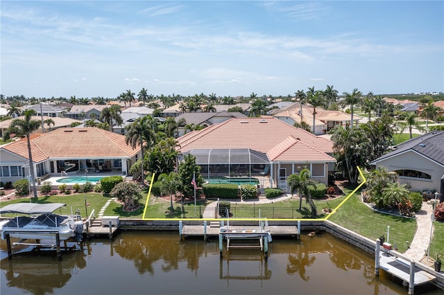 aerial view featuring a water view