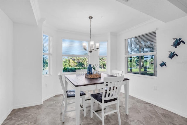 tiled dining room with crown molding and a notable chandelier