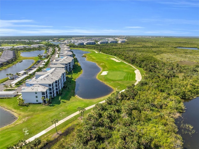 bird's eye view with a water view