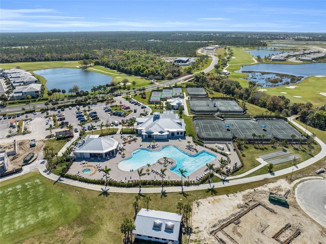 bird's eye view with a water view