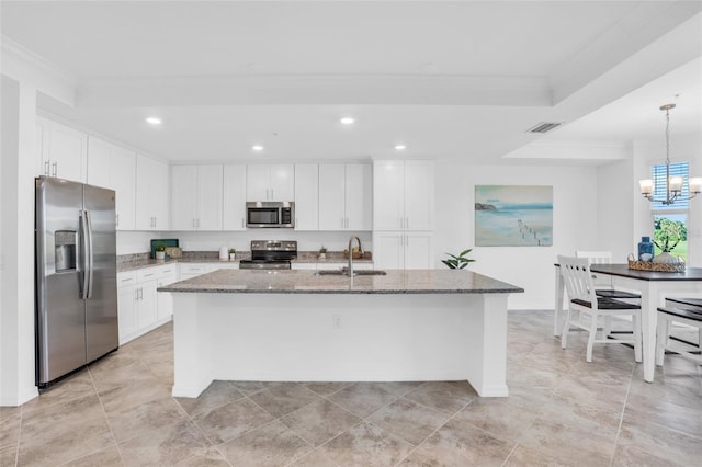 kitchen featuring a sink, visible vents, white cabinets, hanging light fixtures, and appliances with stainless steel finishes