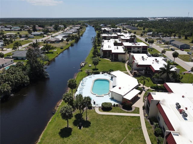 aerial view featuring a residential view and a water view