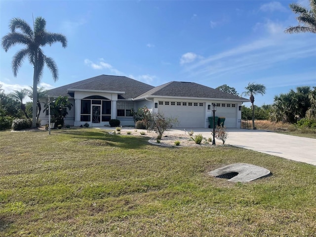 view of front of home with a garage and a front lawn