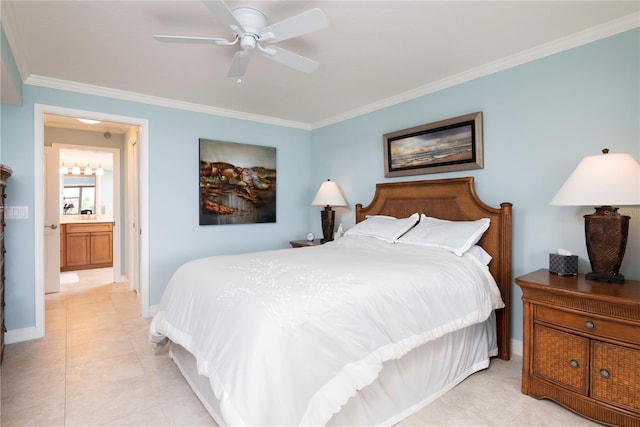 bedroom with light tile patterned flooring, connected bathroom, ceiling fan, and ornamental molding