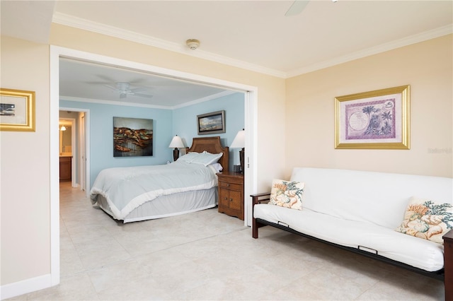 bedroom with ceiling fan and ornamental molding