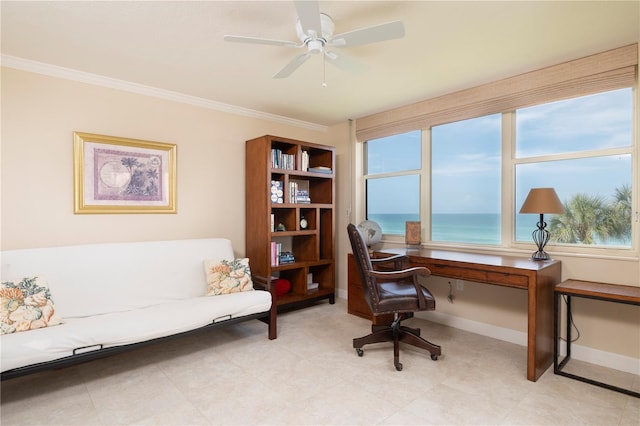 home office with ceiling fan, ornamental molding, and a water view