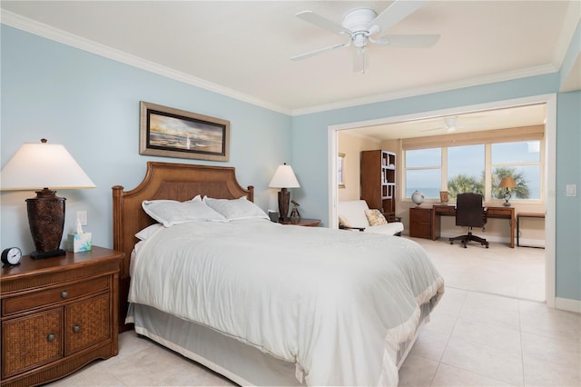 bedroom featuring crown molding, light tile patterned floors, and ceiling fan