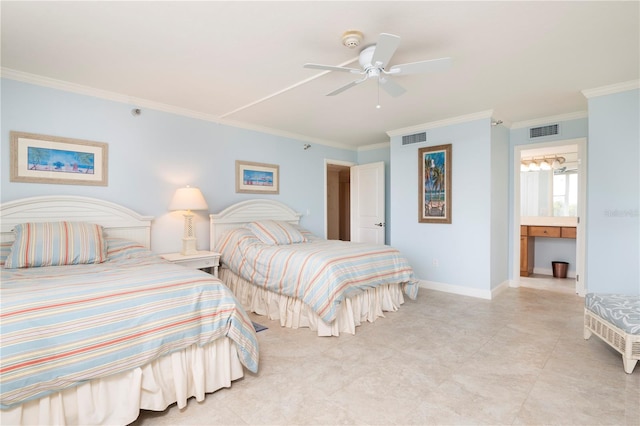 bedroom with ceiling fan, ensuite bathroom, and crown molding