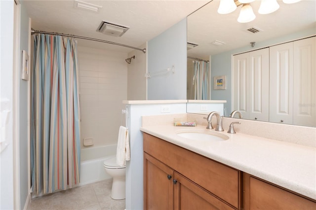 full bathroom with vanity, toilet, shower / bath combination with curtain, and tile patterned flooring