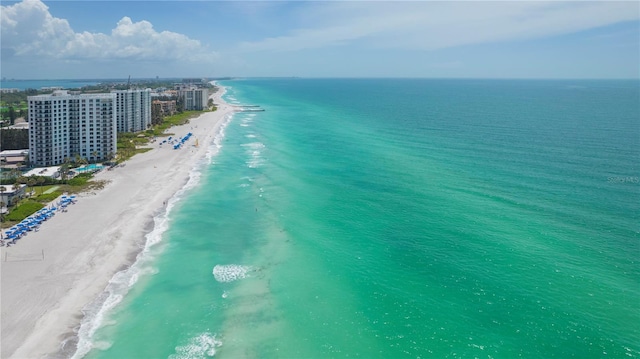 bird's eye view with a water view and a view of the beach