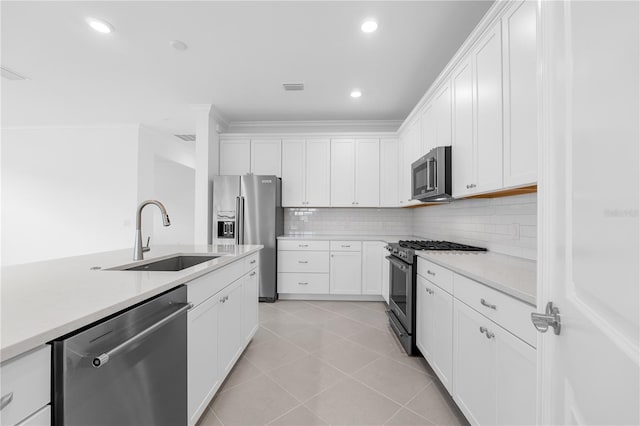 kitchen with white cabinetry, high end appliances, tasteful backsplash, and sink