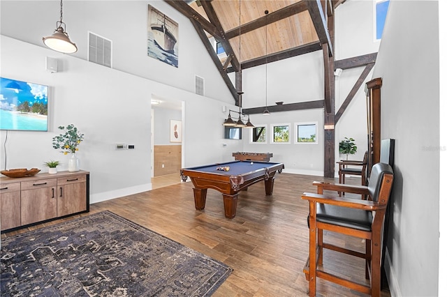 recreation room with wooden ceiling, pool table, high vaulted ceiling, hardwood / wood-style flooring, and beam ceiling