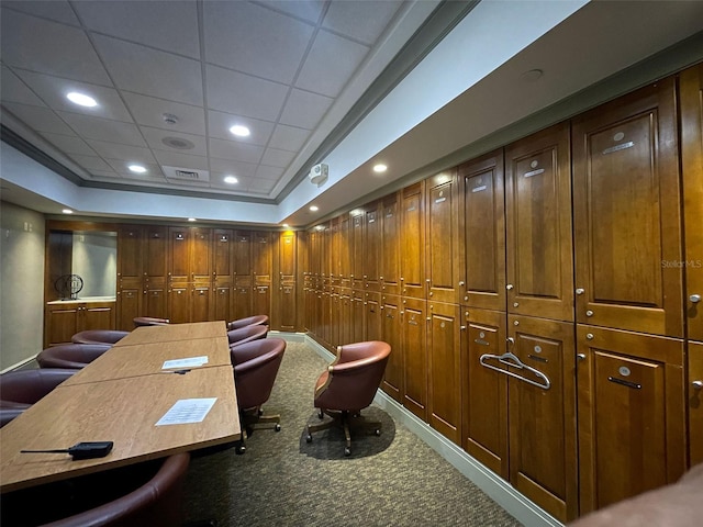 interior space with wood walls and a raised ceiling