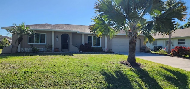 ranch-style home with a garage and a front lawn