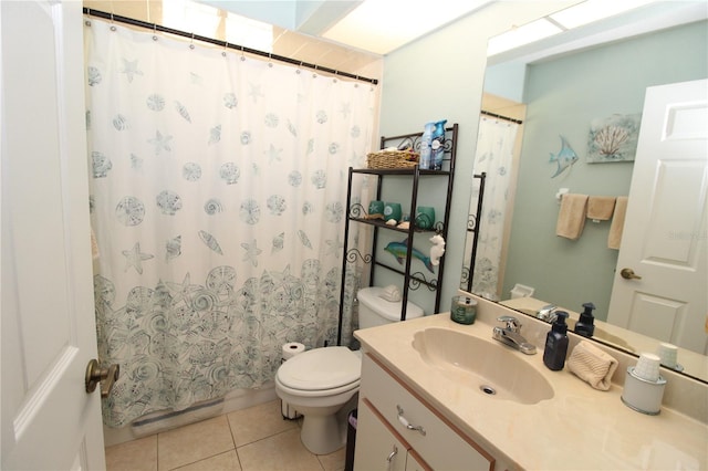 bathroom featuring tile flooring, vanity, and toilet