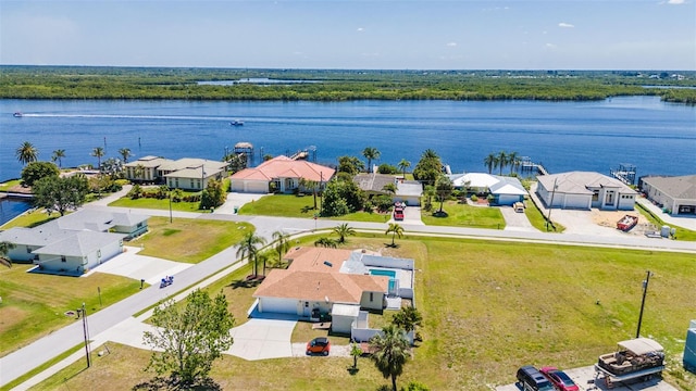 aerial view featuring a water view