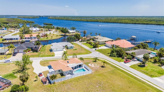 bird's eye view with a water view