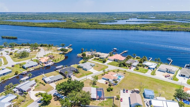 aerial view featuring a water view