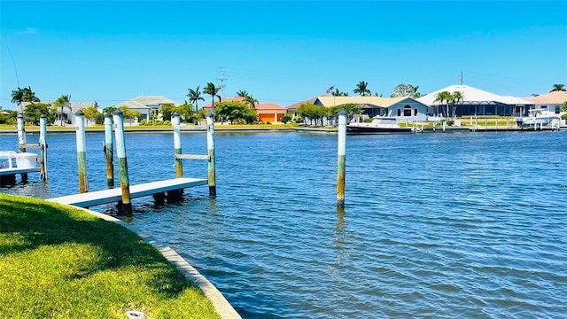 dock area with a water view and a residential view