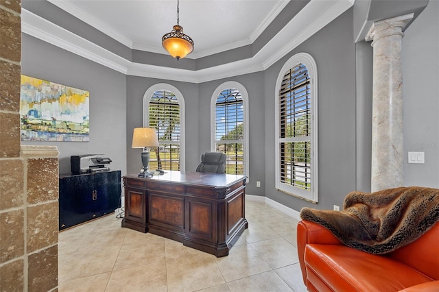 tiled office space with a tray ceiling, crown molding, and decorative columns