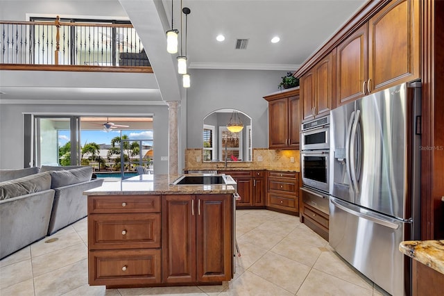 kitchen featuring appliances with stainless steel finishes, stone countertops, ceiling fan, tasteful backsplash, and light tile floors