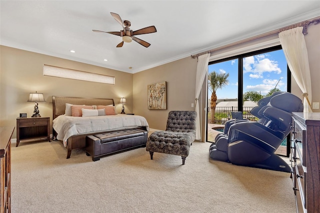 carpeted bedroom with ceiling fan, access to exterior, and ornamental molding