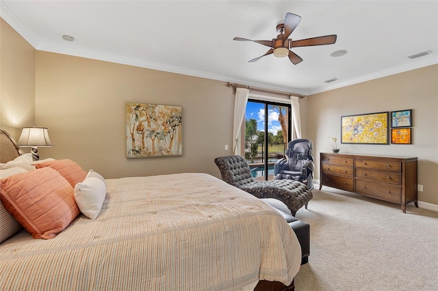 carpeted bedroom featuring ornamental molding, ceiling fan, and access to exterior