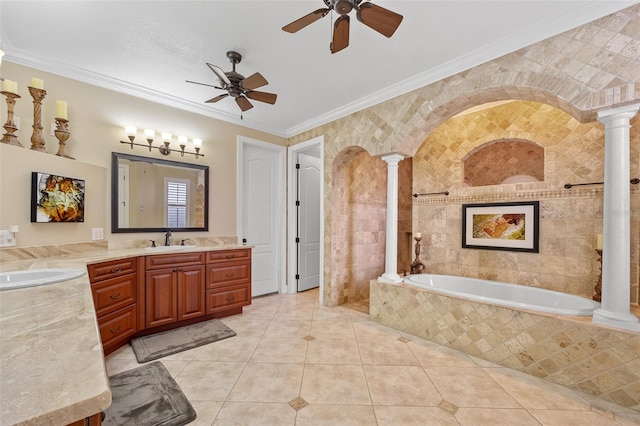 bathroom featuring ceiling fan, vanity, decorative columns, and tile flooring