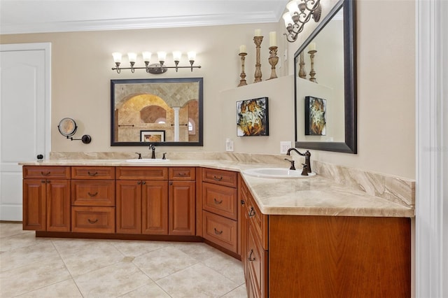 bathroom featuring crown molding, dual bowl vanity, and tile flooring