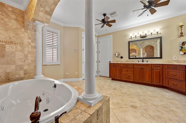 bathroom featuring decorative columns, tile floors, vanity, ornamental molding, and ceiling fan