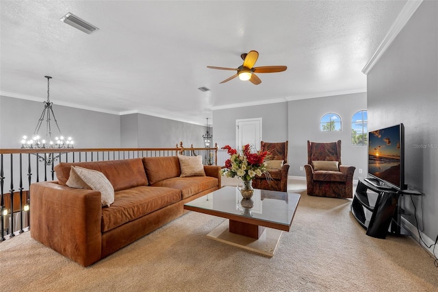 living room with light carpet, ceiling fan with notable chandelier, crown molding, and a textured ceiling