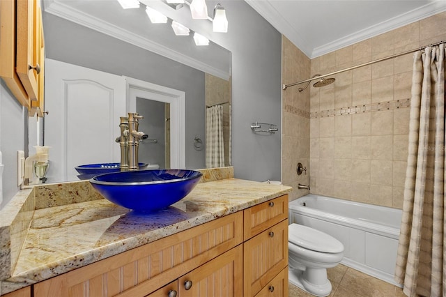 full bathroom with shower / bathtub combination with curtain, crown molding, toilet, tile flooring, and vanity