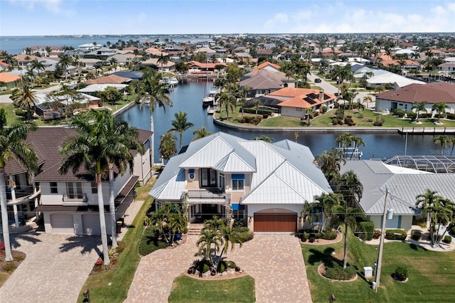 drone / aerial view featuring a water view